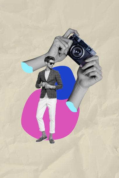 独特的杂志图片素描拼贴，快乐的女孩和男孩摆姿势，复古相机在手，摄影师拍摄的照片区图片下载