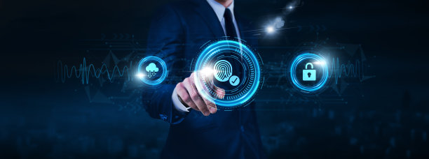 生物识别安全技术，指纹识别，面部识别，商人触摸生物识别安全图标，数字网络连接上的数据交换，虹膜扫描。图片下载