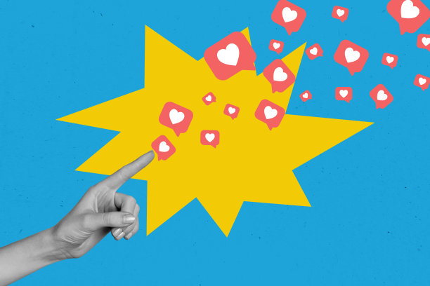 3D时尚创意拼贴，展示人手握住“点赞”通知，流行博主反馈，订阅文本框媒体图片下载