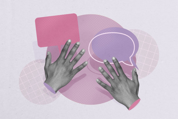 独特的全景照片拼贴，展示手部与沟通图标、对话、谈话短语、社交媒体信息。图片下载