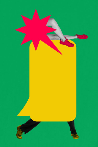 当代照片拼贴，两个匿名女孩的腿从五彩气泡交流图标中探出，聊天框短语图片下载