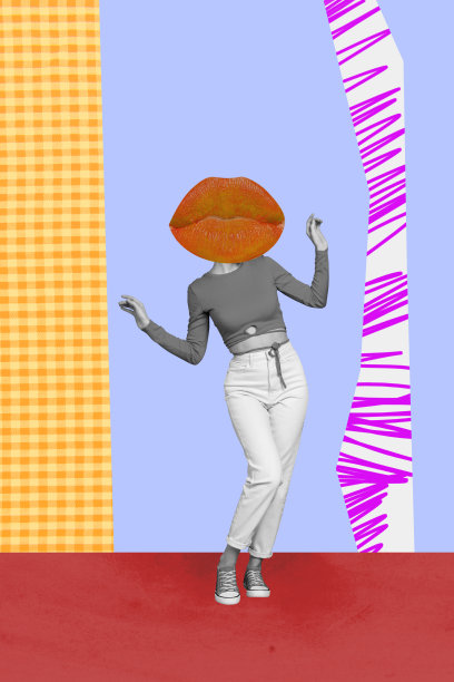 垂直的3D图像照片拼贴，匿名女孩站立，嘴巴嘟起，涂抹粉色唇膏，美容填充剂增大嘴唇。图片下载