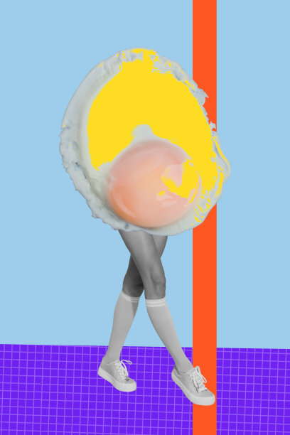 无头女孩和男孩的波普艺术横幅图像，照片拼贴，站在美味的煎蛋黄旁，健康早餐营养小吃。图片下载