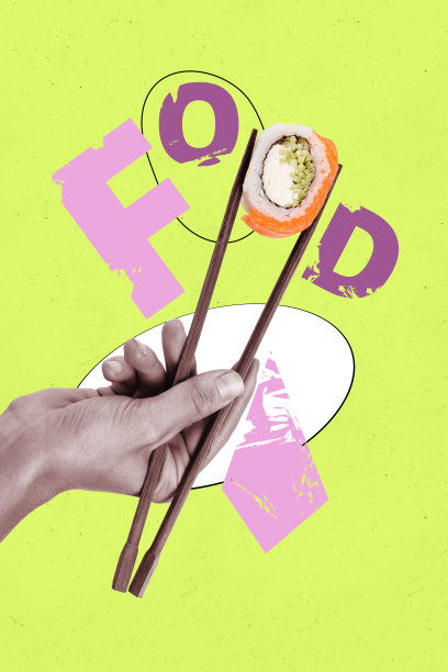 手握筷子的垂直照片拼贴，展示日本餐厅的寿司卷美食，晚餐菜肴，背景为涂鸦风格。图片下载