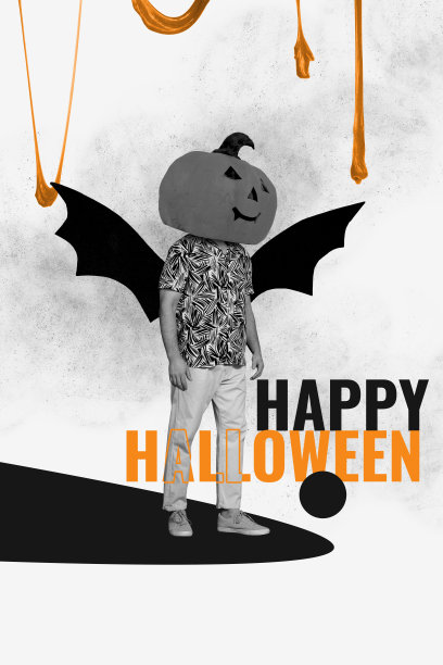 万圣节派对上，匿名男子的竖版照片拼贴，头部是南瓜灯的象征，穿着蝙蝠翅膀的服装，背景为涂鸦风格。图片下载