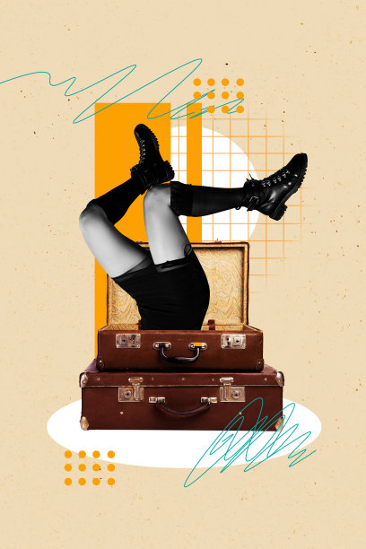 组合趋势艺术作品草图，照片拼贴展示无身体的双腿穿着鞋子，旁边有两个行李，象征着夏季旅行的移动。图片下载