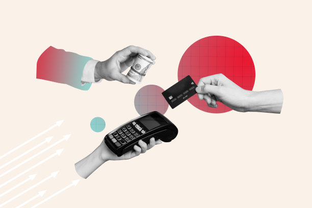 复合照片拼贴，手持收银终端，非接触式支付，信用卡交换，美元卷，孤立在涂漆背景上。图片下载