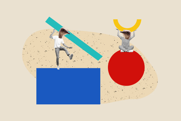 商务伙伴的合成照片拼贴，女孩和男孩的头部被鸵鸟鸟脸替代，团队合作概念，背景为涂鸦风格。图片下载