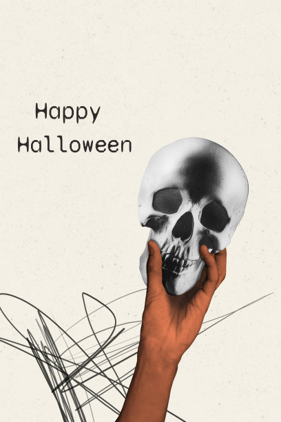 手握骷髅骨的垂直照片拼贴，神秘成分仪式，万圣节恐怖假日，孤立在涂鸦背景上图片下载