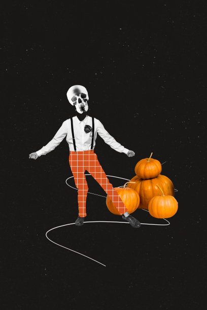 垂直照片拼贴，匿名男子的面部骨骼与南瓜、万圣节符号、恶魔、恐惧元素在涂鸦背景上孤立展示。图片下载