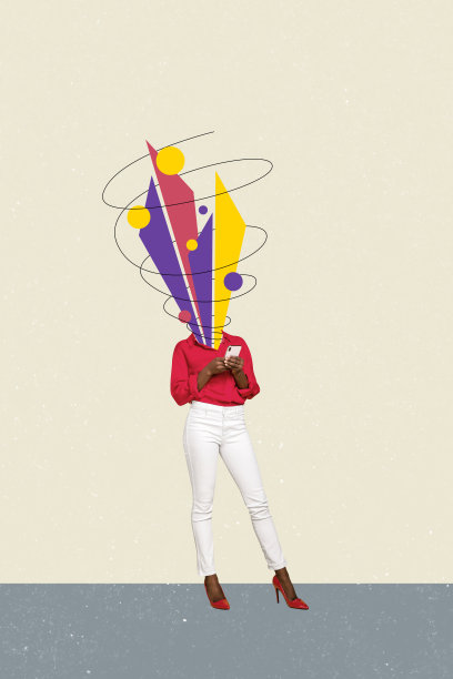 趋势艺术作品素描图像合成照片拼贴，女性坐在椅子上使用智能手机，头部缺失，头部用圆形涂鸦元素代替。图片下载