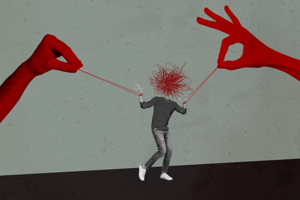 趋势艺术作品合成素描图像照片拼贴，巨大的手出现，展示“好”手势，握住绳索，操控木偶，表现混乱与压力。图片下载