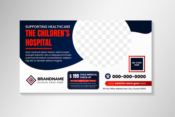 儿童医院的横向抽象海报横幅设计模板，支持医疗保健，白色背景上留有照片拼贴的空间。图片下载
