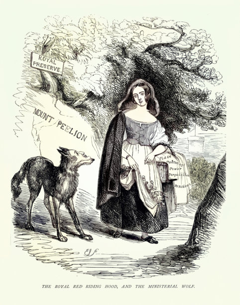维多利亚时代的卡通插图，维多利亚女王化身小红帽，罗伯特·皮尔则是狼，19世纪的复古插画图片下载