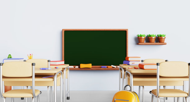 空荡荡的教室，教育课堂配有黑板、木桌椅、书包、书籍、钢笔、铅笔和尺子，墙架上有植物。卡通3D渲染的学习室内景。图片下载