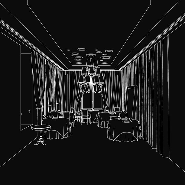 一幅黑白素描展示了餐厅内部，优雅的餐桌、软垫椅子和华丽的吊灯尽收眼底。飘逸的窗帘勾勒出场景，增强了高雅的氛围。图片下载
