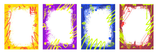 涂鸦风格的彩色框架模板，带有涂鸦和气溶胶喷漆。喷雾艺术布局背景集。带有喷枪线条的边框。适合照片的半色调装饰。复古海报。矢量嘻哈风格边框。图片下载