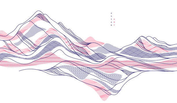 东方日本风格的矢量抽象插图，背景为亚洲传统风格，波浪形状和山地地形，像海洋线条般流动。图片下载