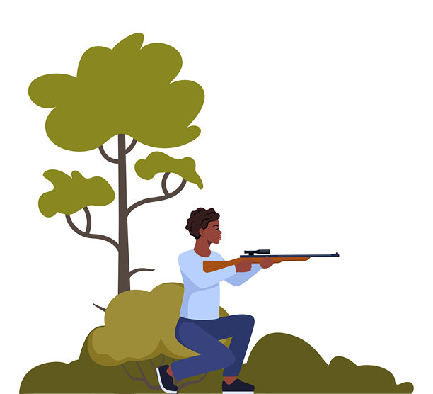 射击运动。瞄准的黑人女性持步枪。户外爱好，狩猎。女性射手捍卫财产。军事户外技能。矢量图。图片下载