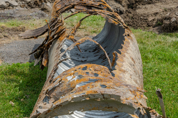 生锈的波纹金属管道基础设施照片，CMP，排水涵洞，已从地下移除并正在更换为新管道。图片下载