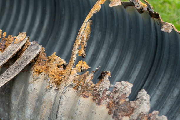 生锈的波纹金属管道基础设施照片，CMP，排水涵洞，已从地下移除并正在更换为新管道。图片下载