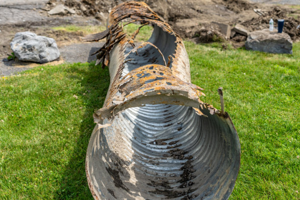 生锈的波纹金属管道基础设施照片，CMP，排水涵洞，已从地下移除并正在更换为新管道。图片下载
