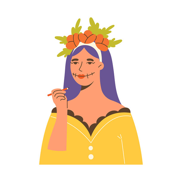 年轻女巫的平面矢量插图，头发中插着花朵，正在化妆准备万圣节。图片下载