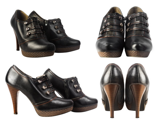 白色背景上的黑色皮革高跟女鞋孤立照片。图片下载