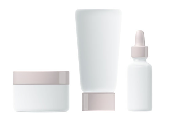 化妆品3D渲染产品包装模型套件，乳液管，面霜罐，精华瓶，干净的白色塑料，浅灰色发光翻盖。美容包装孤立，透明背景。图片下载