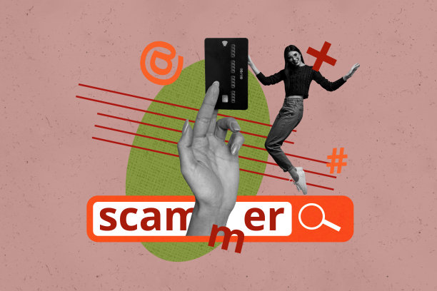 杂志横幅，满是快乐女孩和男孩的照片拼贴，网页搜索图标，骗子宣传，信用卡在线存款。图片下载