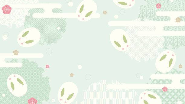 16:9 背景素材：一组传统日本图案，包括雪兔、雪圈和梅花图片下载