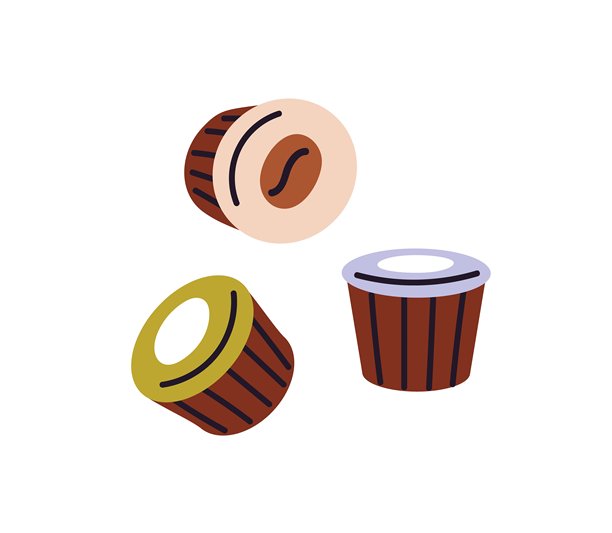 咖啡胶囊图标。咖啡馆中咖啡机的胶囊。咖啡店中咖啡机的小容器。制作热饮和饮料的咖啡馆。白色背景上的扁平化独立矢量插图。图片下载