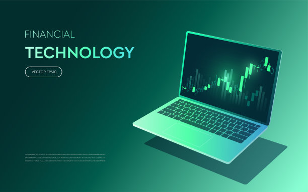 等距3D笔记本电脑，带有金融市场分析和投资趋势或加密交易的股票图表，背景为绿色未来科技，完美适用于金融科技市场数据。图片下载