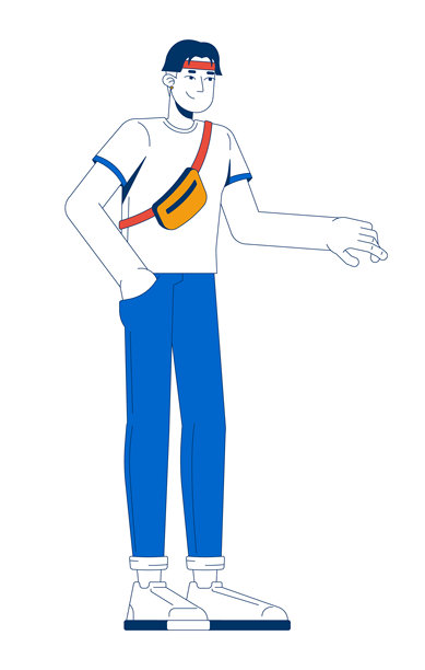 休闲的年轻亚洲男子，背着斜挎包的2D卡通角色图片下载