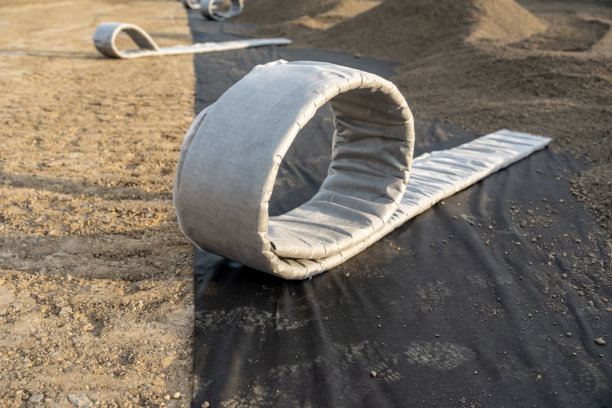 在合成草坪多功能运动场上安装平面排水管的施工照片。图片下载