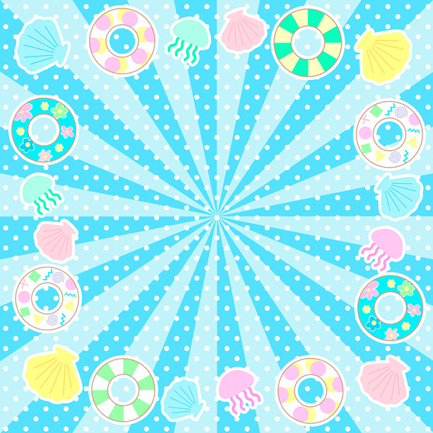 夏季背景插图素材，包含游泳圈、贝壳和水母，背景为蓝色的阳光辐射和点状图案。图片下载