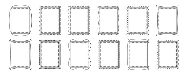 简单框架细线，边框牌匾图标，矩形形状复古盒子，黑色装饰元素可编辑线条。几何复古线性横幅，照片集孤立在白色背景上。手绘矢量图。图片下载