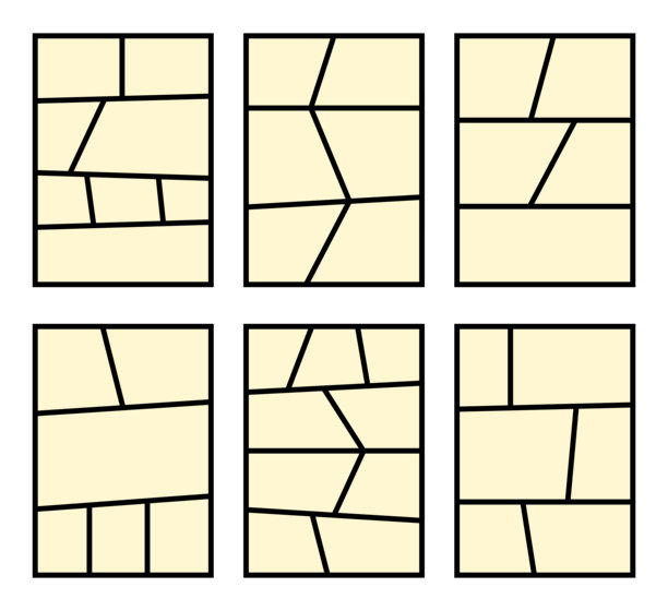 不规则框架和动态流动的漫画面板布局，采用干净的黑色线条。非常适合图形小说、故事板模板或现代漫画设计素材。图片下载