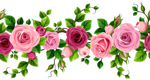 红色和粉色玫瑰的花卉无缝边框。玫瑰花藤。矢量无缝花卉花环。图片下载