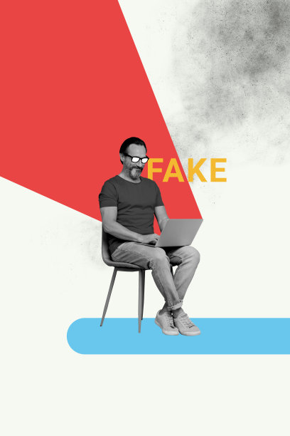 快乐男性在涂鸦背景下使用笔记本电脑的垂直照片拼贴，涉及虚假信息宣传和假新闻影响。图片下载