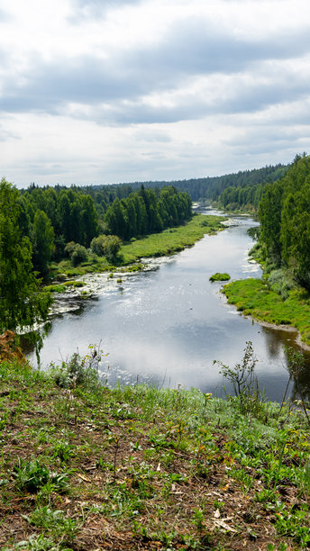 楚索瓦亚河在阳光明媚的夏日背景下，映衬着针叶树和绿色植被，位于乌拉尔，斯维尔德洛夫斯克地区，俄罗斯。竖版图片图片下载