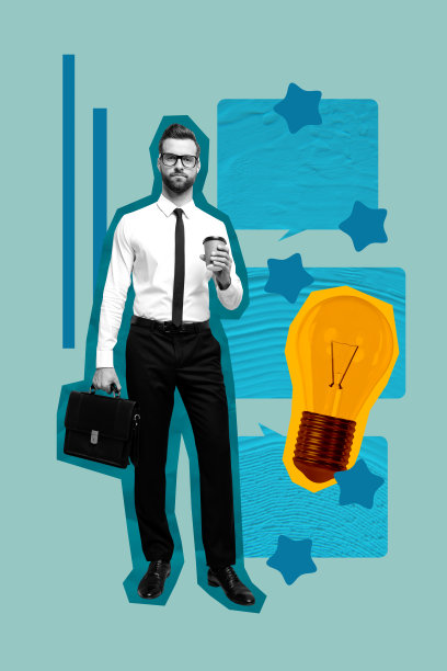 模板草图趋势艺术作品 3D 照片拼贴 商务人士站立手持外带杯子 创意灯泡 逻辑 拼图 挑战 思考 解决方案图片下载