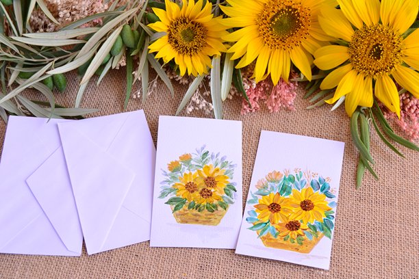 手绘水彩插图的向日葵问候明信片，小型花艺礼品卡图片下载