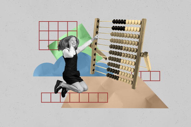 快乐女孩跳跃的拼贴照片，主题为算盘算术，准备数学课，背景为涂鸦风格。图片下载