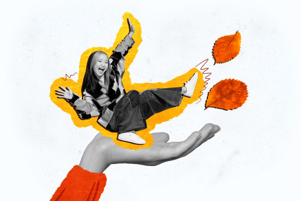 韩国女孩舞蹈的拼贴照片，手掌与秋季干枯的树叶氛围，背景为涂鸦风格。图片下载