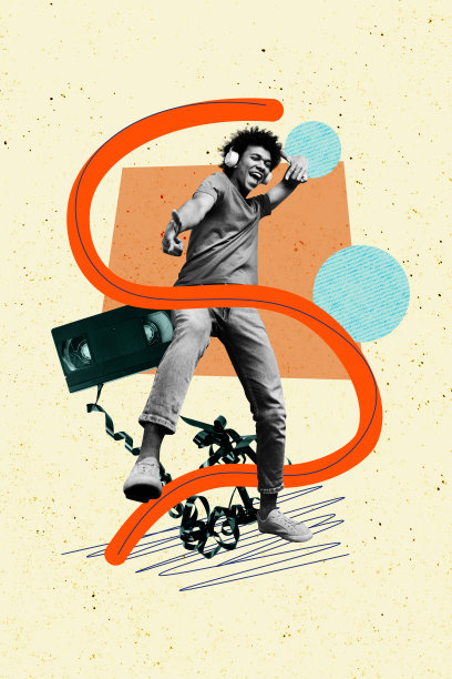 快乐的美国男孩戴着耳机，复古卡带音乐活动周末放松，垂直照片拼贴，背景涂鸦。图片下载