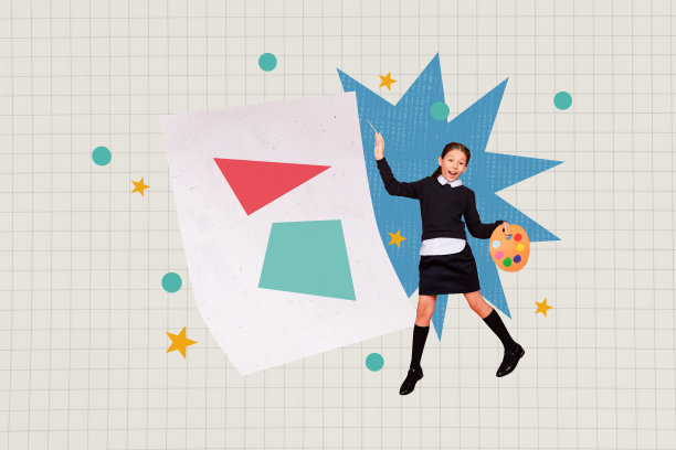 快乐女孩在艺术课堂上画画，手持画笔和调色板，背景为涂鸦风格的画面，构成了一幅拼贴照片。图片下载