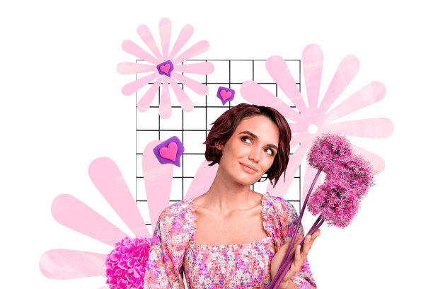 快乐的棕发女孩手持春季花束，庆祝女性节的礼物，心形爱意浪漫，背景为彩绘效果的合成照片拼贴。图片下载