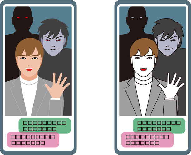 一张关于通过智能手机在社交媒体上冒充年轻人的恋爱诈骗犯罪组织的图片。图片下载