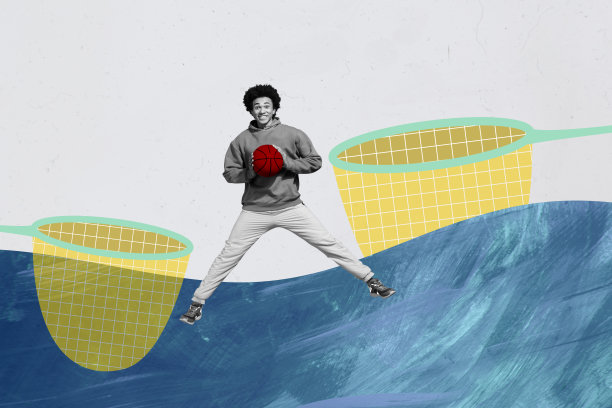 户外夏季男士跳跃打篮球的照片拼贴艺术作品，运动员手持篮球。图片下载